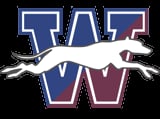 White greyhound dog leaping across navy and maroon W letter logo