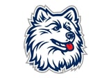 Cartoon illustration of a husky dog face with blue and white coloring, red tongue sticking out, and a gray outline border