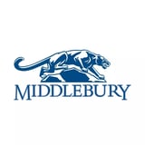 Middlebury College logo featuring a blue panther leaping horizontally above the word Middlebury in serif text