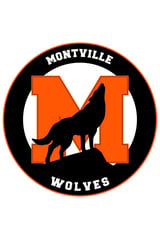 Montville Wolves logo featuring a black silhouette of a howling wolf on an orange letter M, surrounded by a circular black border with gold trim