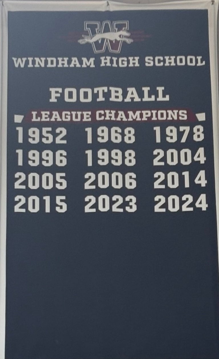 Windham High School football league champions plaque displaying championship years from 1952 to 2024