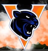 Blue panther head logo with orange V-shaped design and white border on cloudy sky background