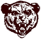 Silhouette illustration of a growling bear head with open mouth and visible teeth, dark brown and white design