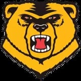 Yellow angry bear head mascot logo with open mouth and red tongue on black background